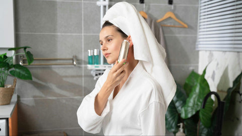 A woman utilizes a home-use microcurrent device on her cheek.